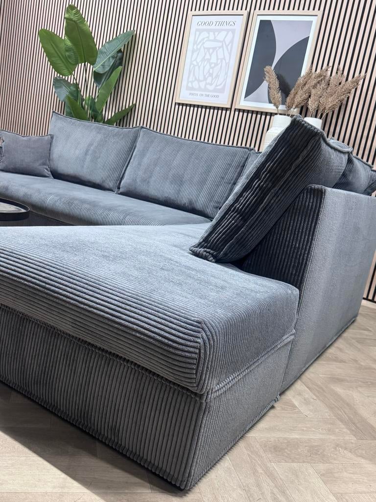 ZGAN Ribstof Hoekbank / Loungebank - Grijs - 288 x 225, 250 tot 300 cm, -, -, Hoekbank