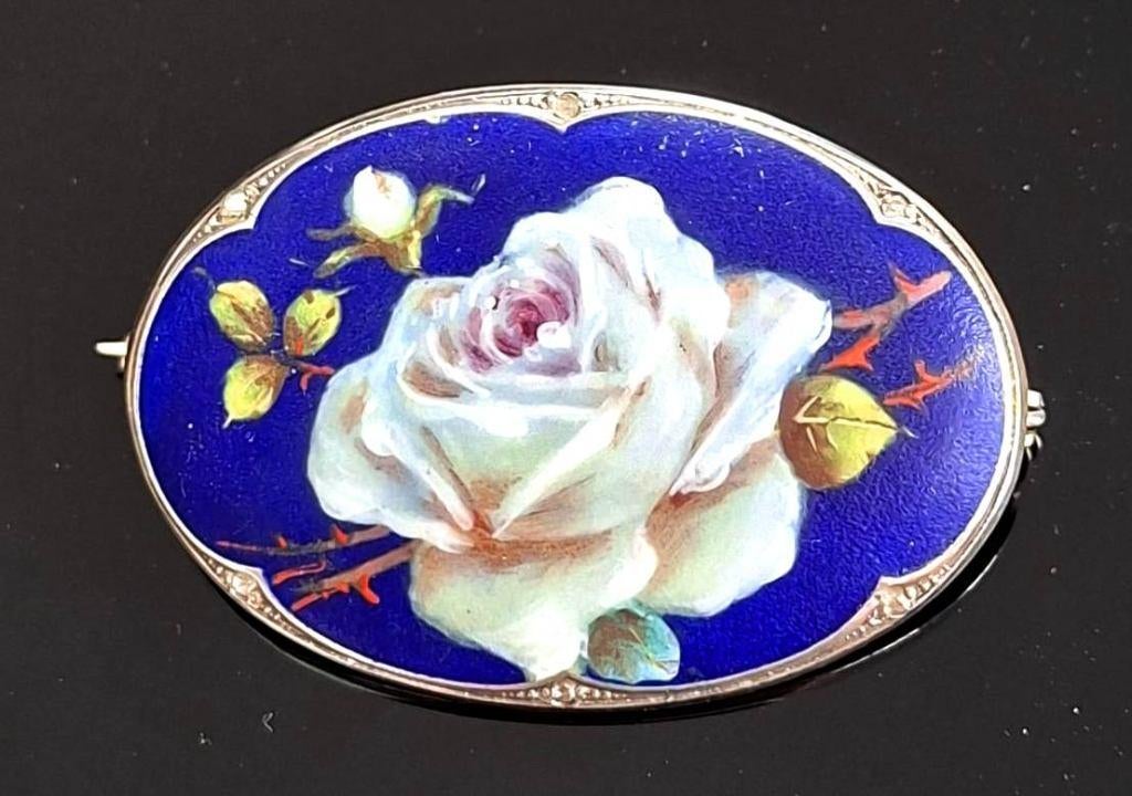 Schitterende 935 Zilver Emaille & Diamant Broche 1920, Ophalen of Verzenden, Zilver, Broche