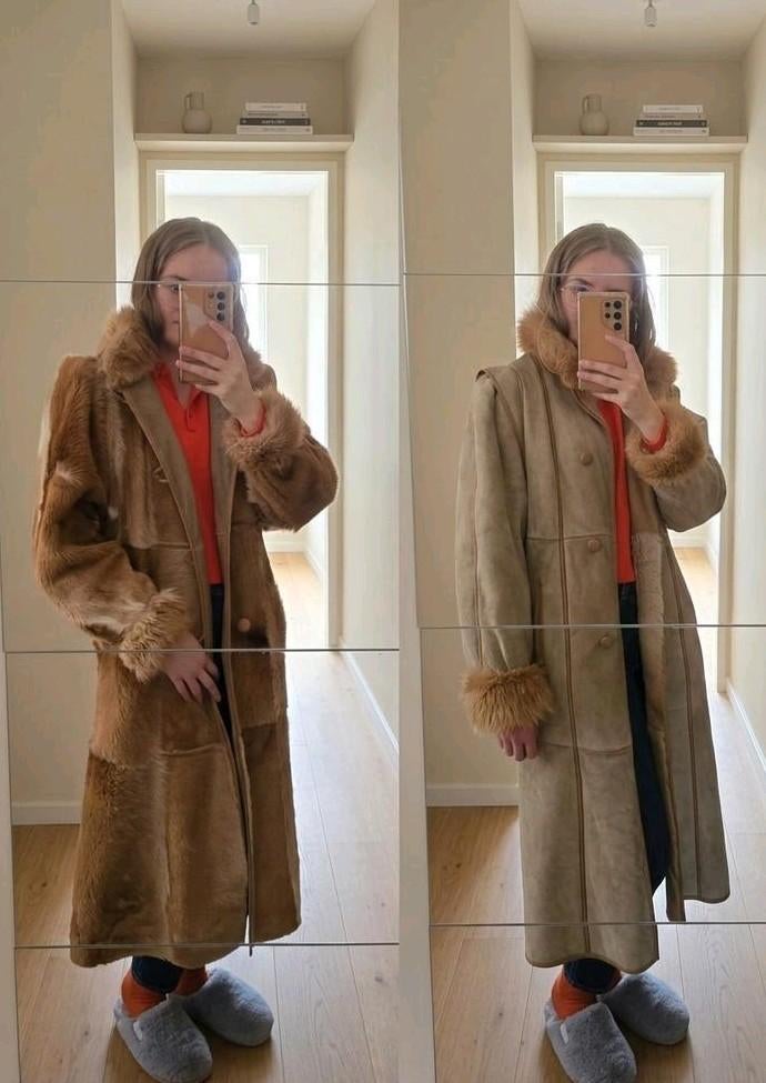Vintage omkeerbare lammy coat shearling jas - suede bontjas, Bruin, Maat 42/44 (L), Ophalen of Verzenden, Zo goed als nieuw