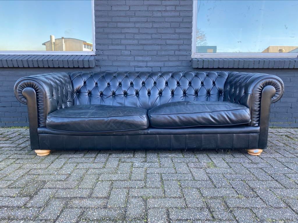 Stoere Chesterfield bank zwart GRATIS BEZORGD!, Ophalen of Verzenden, Gebruikt, 75 tot 100 cm, Leer