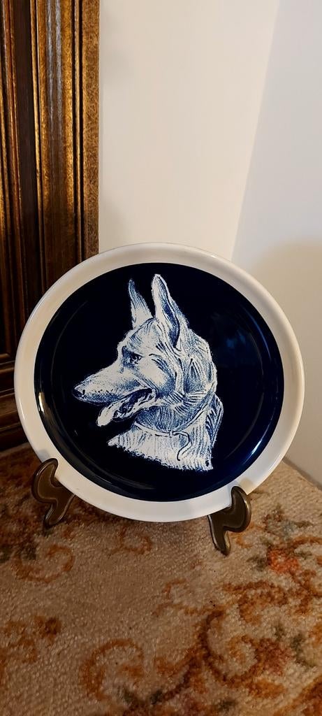 Prachtig! blauw wit bord met hond, Ophalen of Verzenden