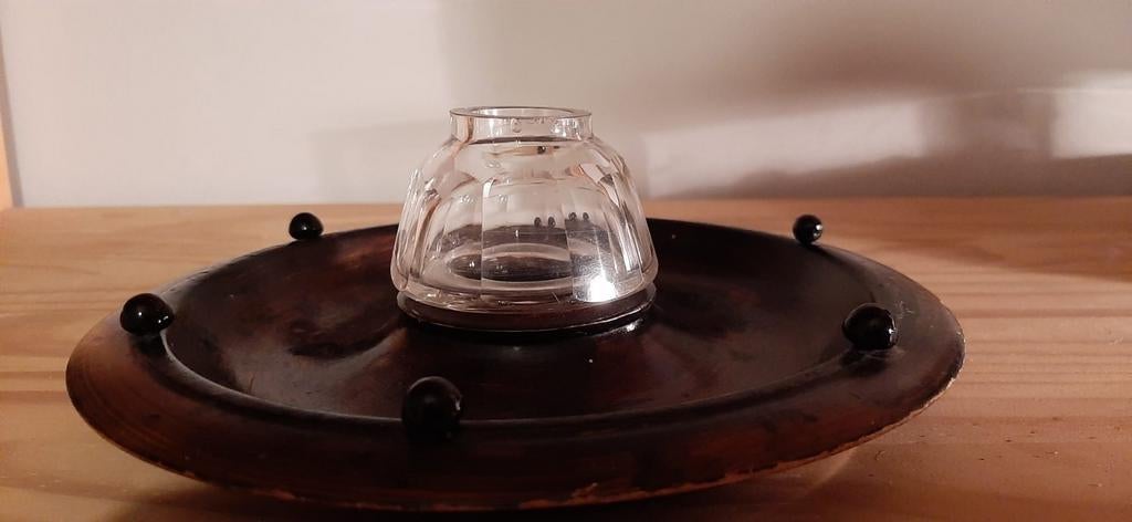 Oude glazen inktpot op houten bord jaren 60, Antiek en Kunst, Curiosa en Brocante, Ophalen of Verzenden