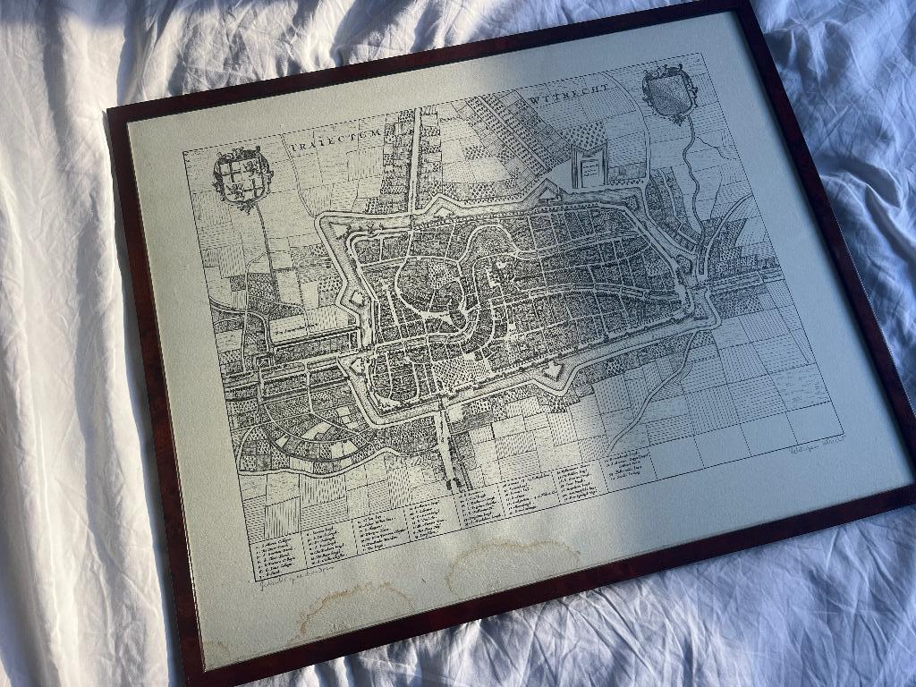 Kaart Utrecht, 17e eeuw, kopergravure Joan Blaeu met mahonie, Antiek en Kunst, Ophalen