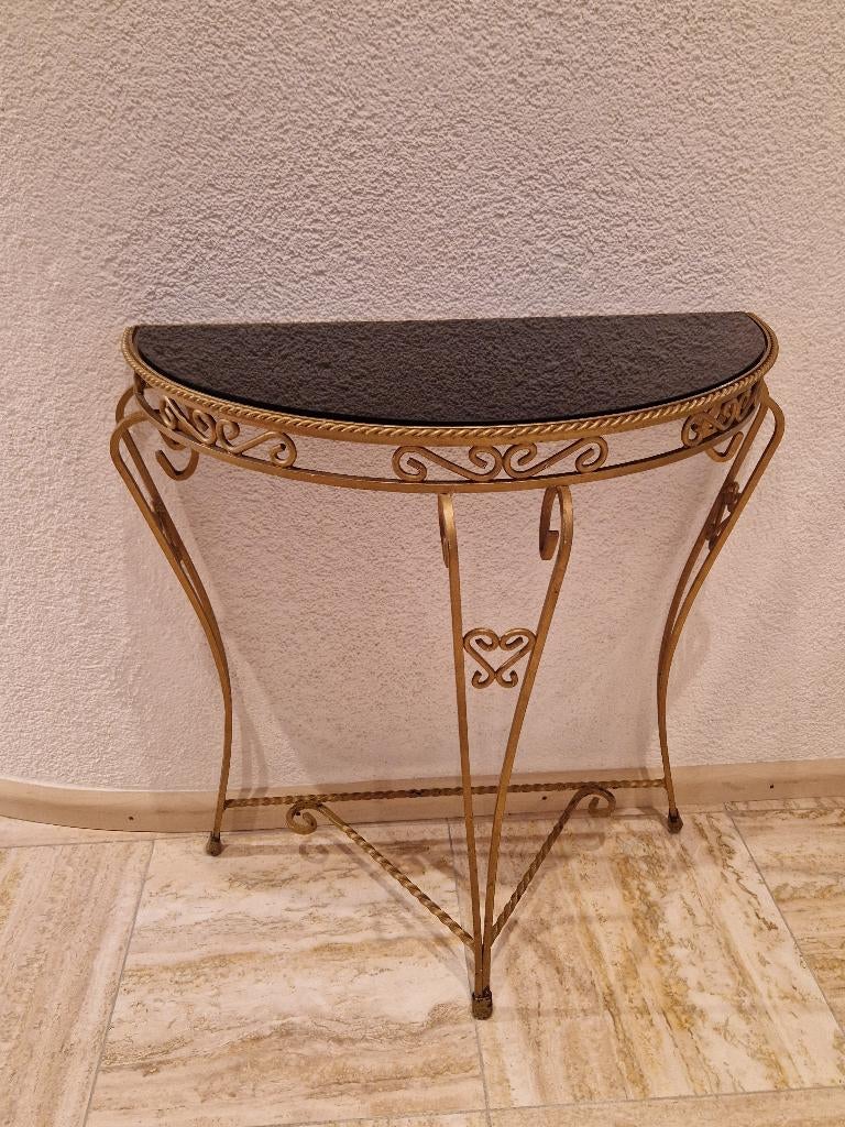 halfronde sidetable goudkl smeedijzeren frame zwart blad, Ophalen, Gebruikt, 100 tot 150 cm, Overige materialen