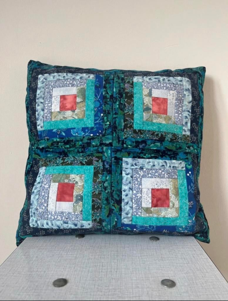 Vintage patchwork/quilt kussen,35,5x35,5cm. Boho batik print, Verzenden, Gebruikt, Blauw, Vierkant