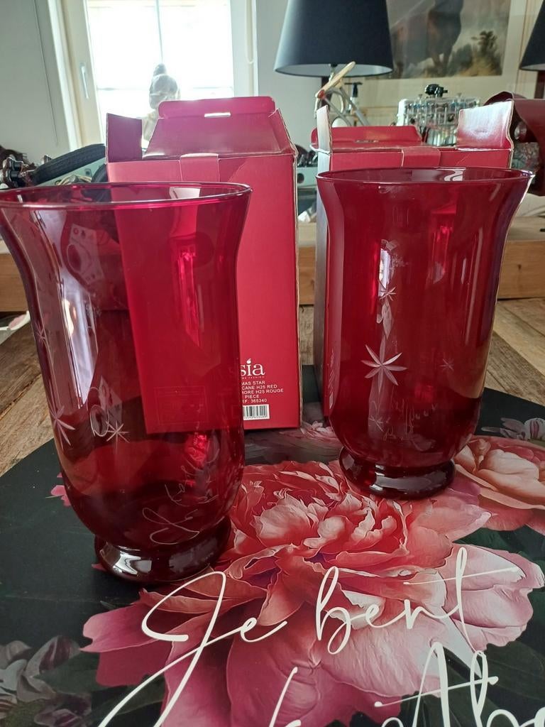 2 rode windlichten, Ophalen of Verzenden, Minder dan 50 cm, Rood, Glas