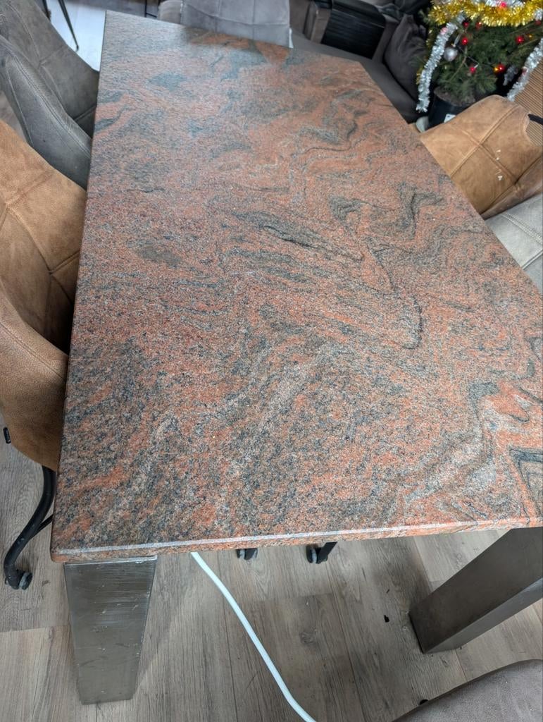 Granieten eettafel + salontafel met RVS poten, Huis en Inrichting, Tafels | Eettafels, Gebruikt, Minder dan 50 cm, 150 tot 200 cm