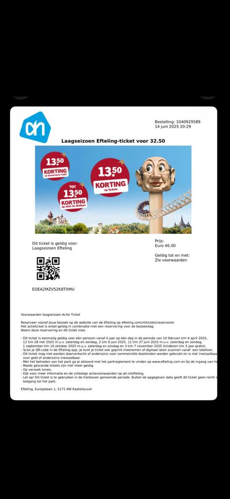 2 tickets efteling, Drie personen of meer, Ticket of Toegangskaart