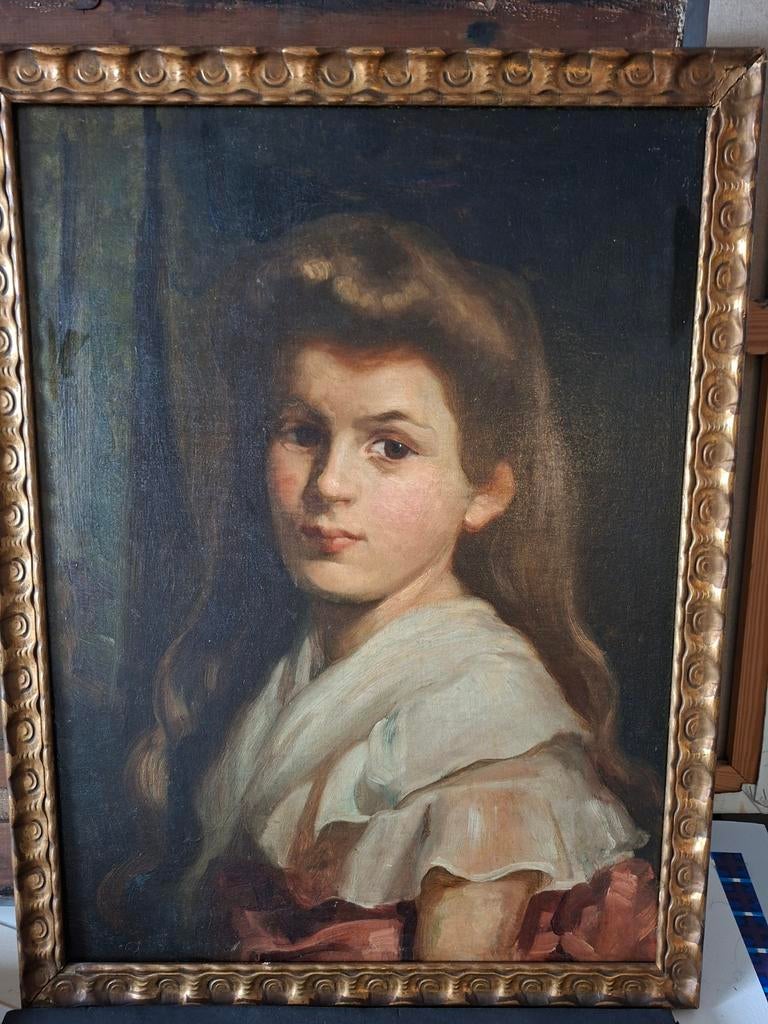 Antiek Meisjesportret met lijst Frans 19/20e eeuws, Antiek en Kunst, Kunst | Schilderijen | Klassiek, Ophalen of Verzenden