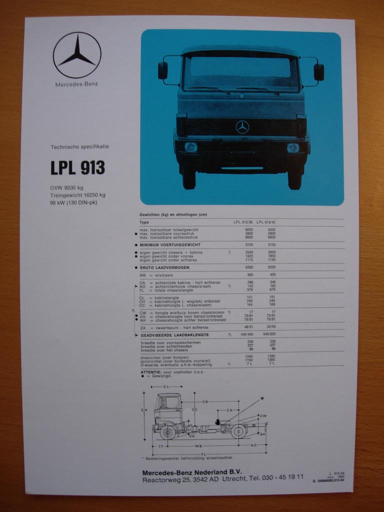 Mercedes LPL 913 Technische Specificatie folder 1983 LPL913, Zo goed als nieuw, Mercedes-Benz, Mercedes, Ophalen of Verzenden