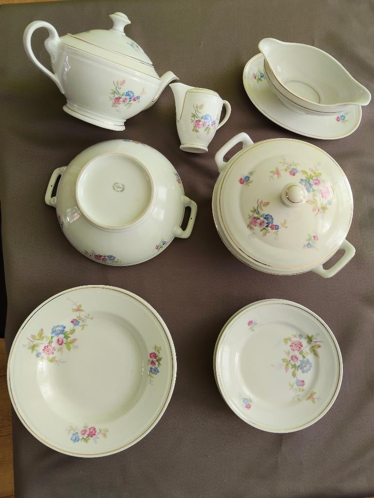 triptis servies roodblauwe bloemetjes gouden randje, Antiek en Kunst, Ophalen of Verzenden