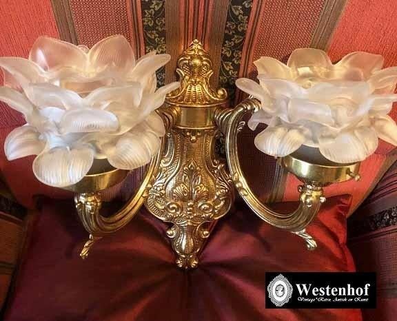 2 Barok wandlampen antiek messing goud met glazen kapje, Huis en Inrichting, Lampen | Wandlampen, Ophalen of Verzenden, Zo goed als nieuw