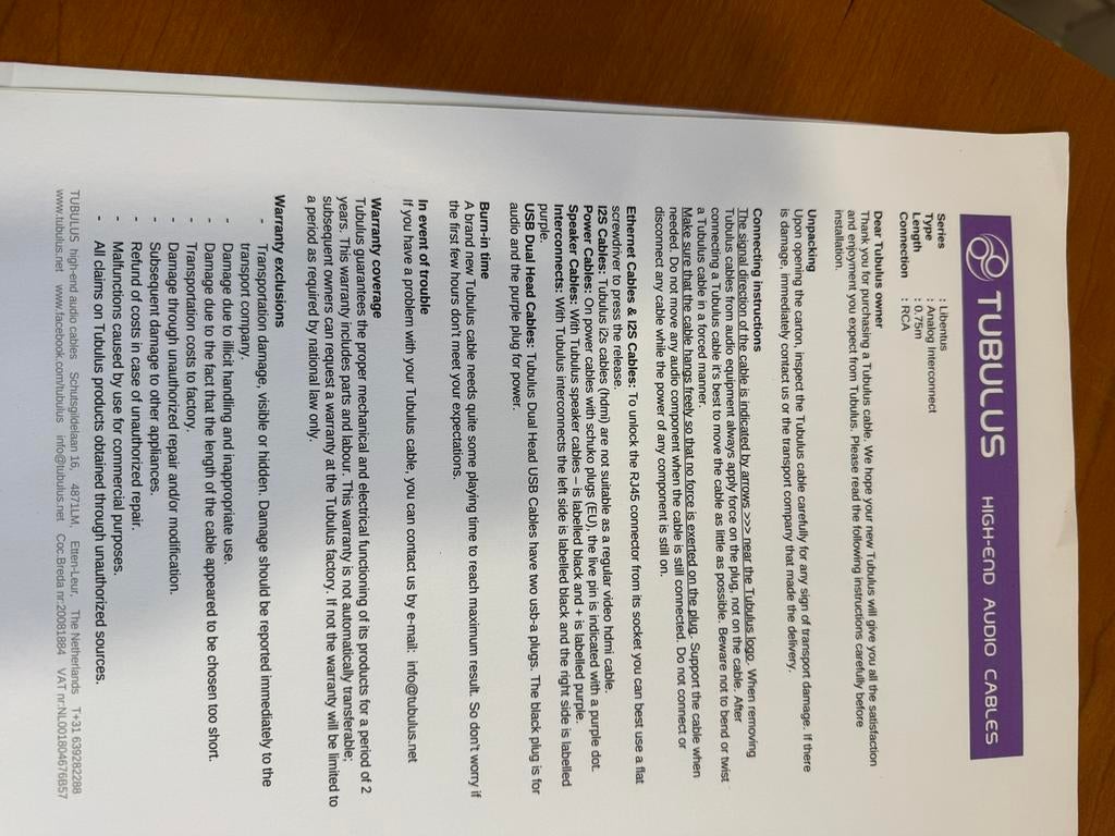 Tubulus Libentus RCA 75 cm, Audio, Tv en Foto, Audiokabels en Televisiekabels, Info@tubulusaudio.com, Ophalen of Verzenden, Zo goed als nieuw