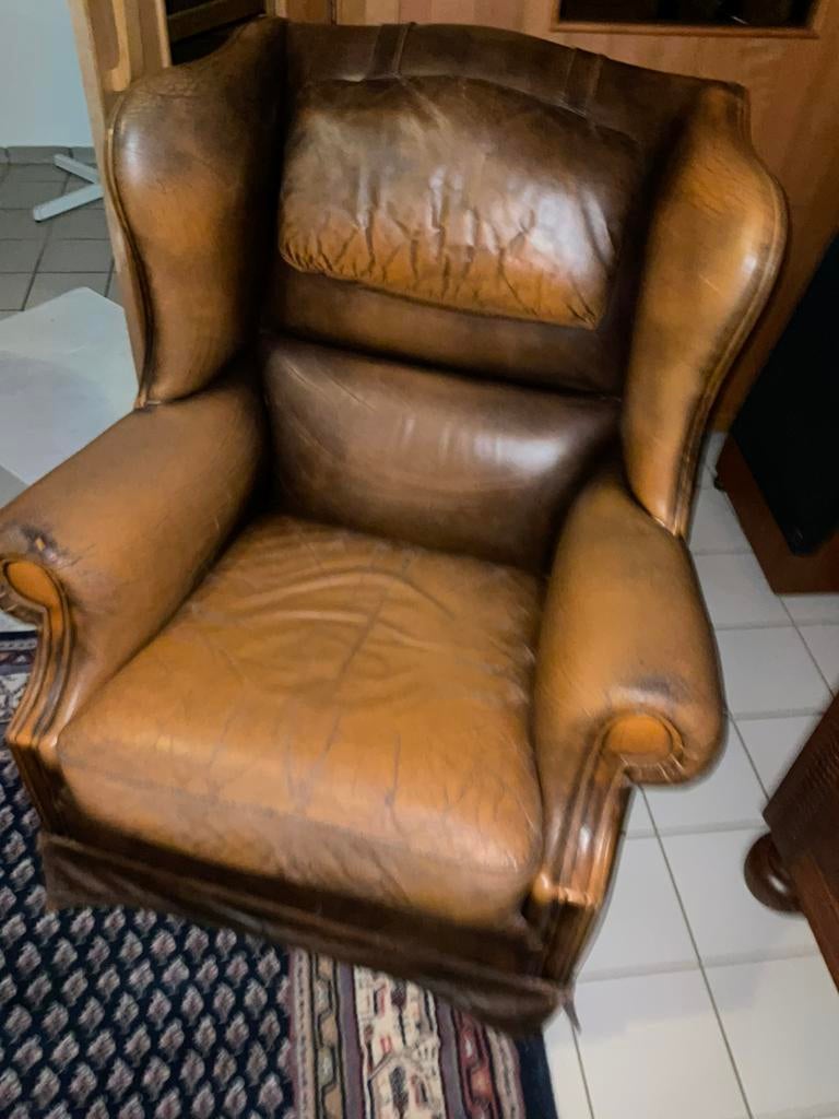 Fauteuil  stoel leer, Ophalen, Gebruikt, 125 tot 150 cm, Leer