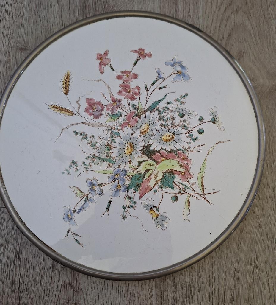 Porseleinen taartplateau rand verzilverd 1920 - 1940, Antiek en Kunst, Ophalen of Verzenden