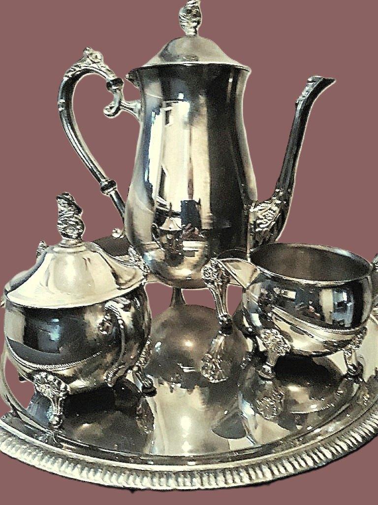 VERZILVERD KOFFIESTEL BESTAANDE UIT DIENBLAD DIAMETER 31 CM,, Antiek en Kunst, Ophalen of Verzenden, Zilver