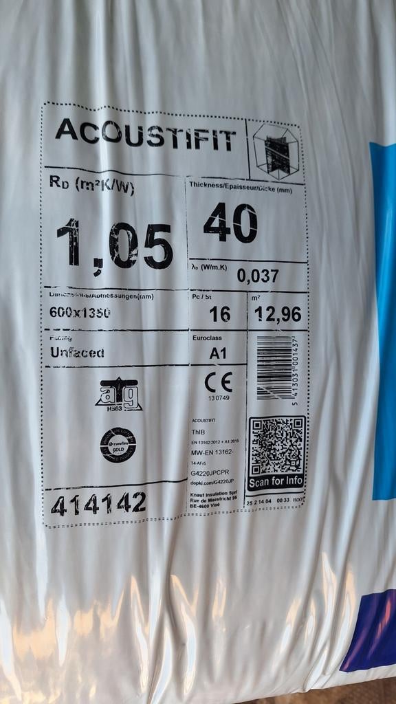 Knauf acoustifit 40mm., Doe-het-zelf en Verbouw, Isolatie en Afdichting, Ophalen, 4 tot 8 cm, 10 tot 15 m², Nieuw