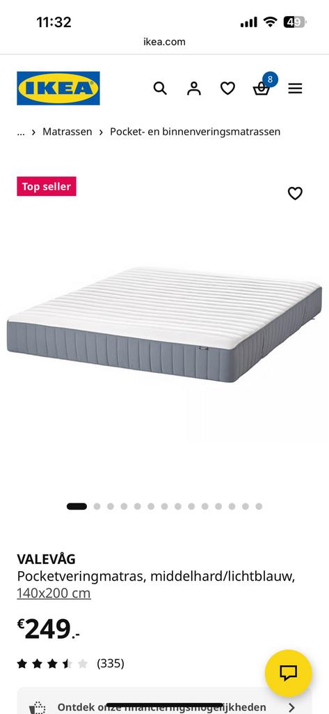 Ikea  Pocketveringmatras, middelhard/lichtblauw 140x200, Huis en Inrichting, Ophalen, Zo goed als nieuw, Tweepersoons, 140 cm