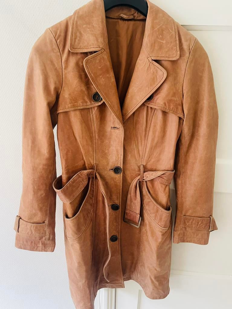 Te koop: leren trenchcoat, bruin, maat 36/38, Ophalen of Verzenden, Zo goed als nieuw, Maat 36 (S), Bruin