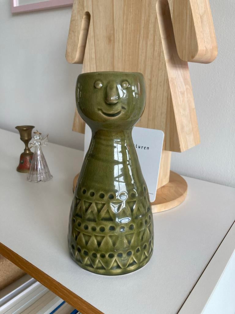 Vintage Groene Keramische Vaas met Gezicht, Ophalen of Verzenden