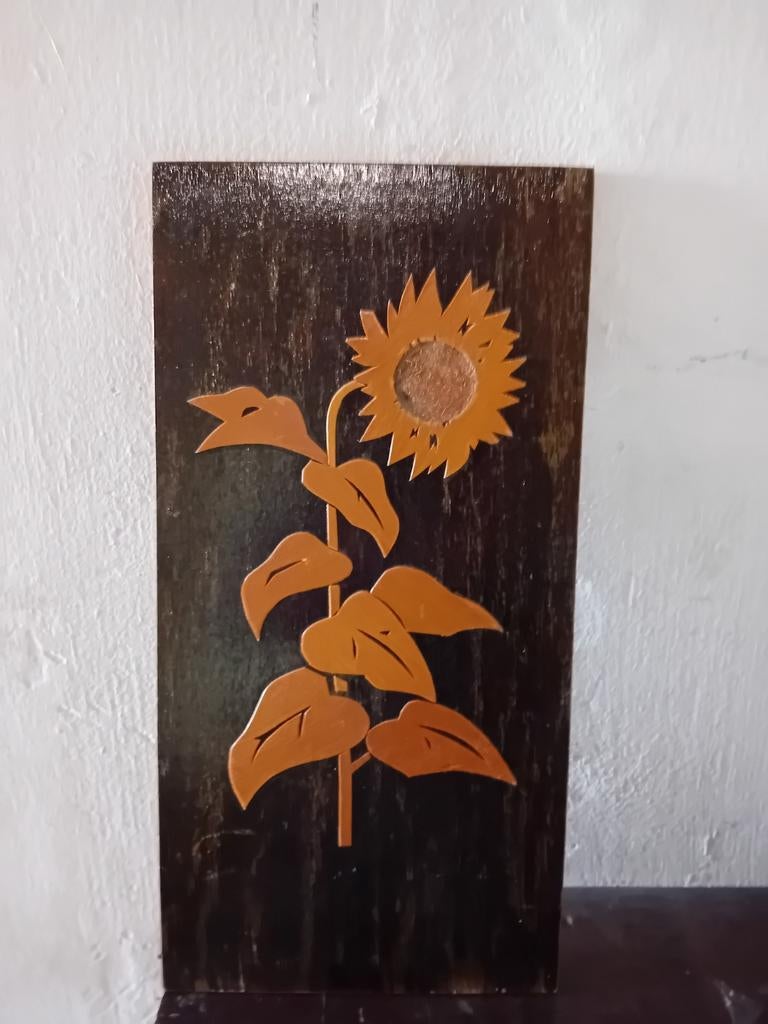 Houten wanddecoratie: Zonnebloem kunstwerk, Ophalen of Verzenden