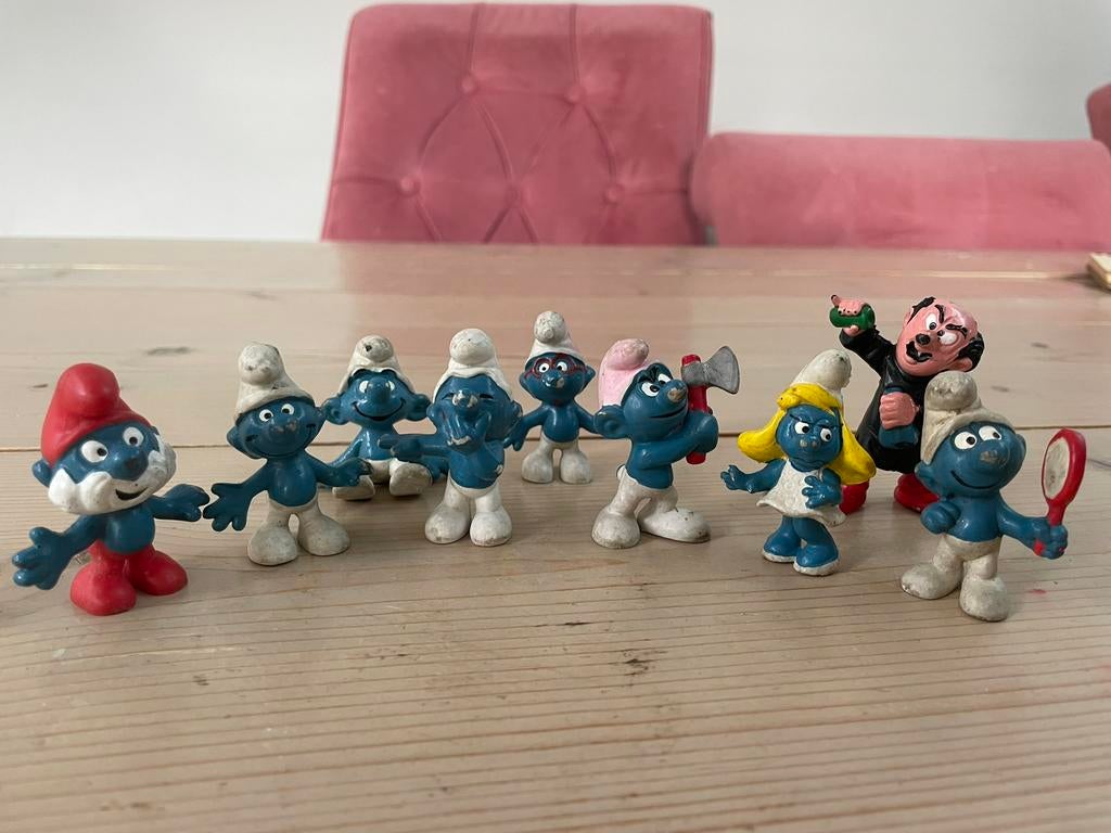 9x vintage schleich smurfen uit 1965 tm 1989, Ophalen of Verzenden, Zo goed als nieuw, Verschillende Smurfen