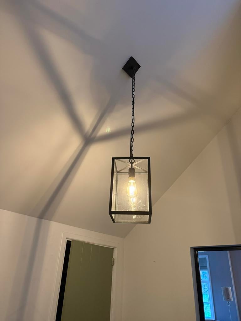 Zwarte stalen hanglamp met glas, Ophalen, Zo goed als nieuw, Metaal, Minder dan 50 cm