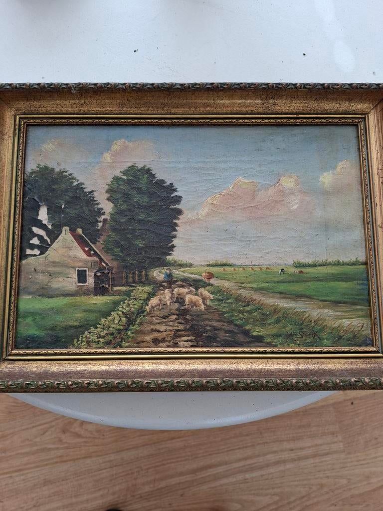 Oud Hollands Landschap Schilderij met Schapen en Boerderij, Ophalen of Verzenden