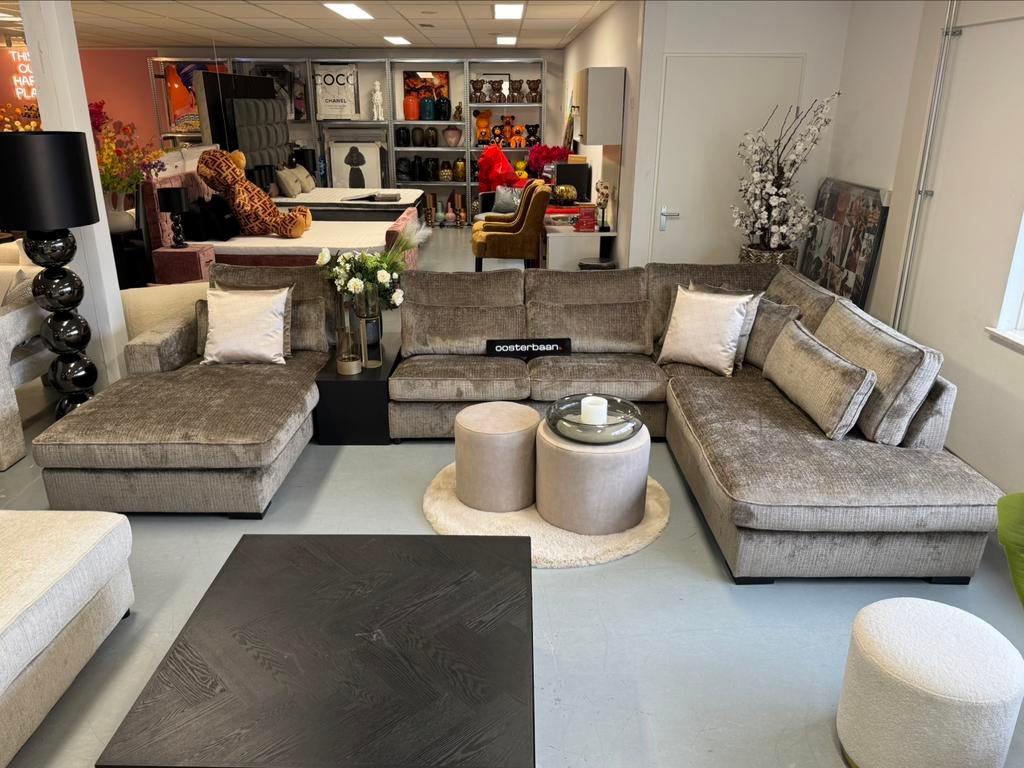 Luxe Velvet Teddy U-Bank Costa 195x370x250cm NIEUW Stone NEW, Oosterbaan, Info@oosterbaanwonen.nl, Venus 31 8448CE Heerenveen