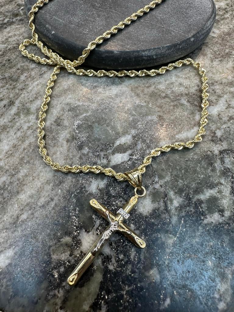 14k Gouden Rope Ketting met Kruis Hanger, Ophalen of Verzenden, Nieuw, Goud, Met hanger