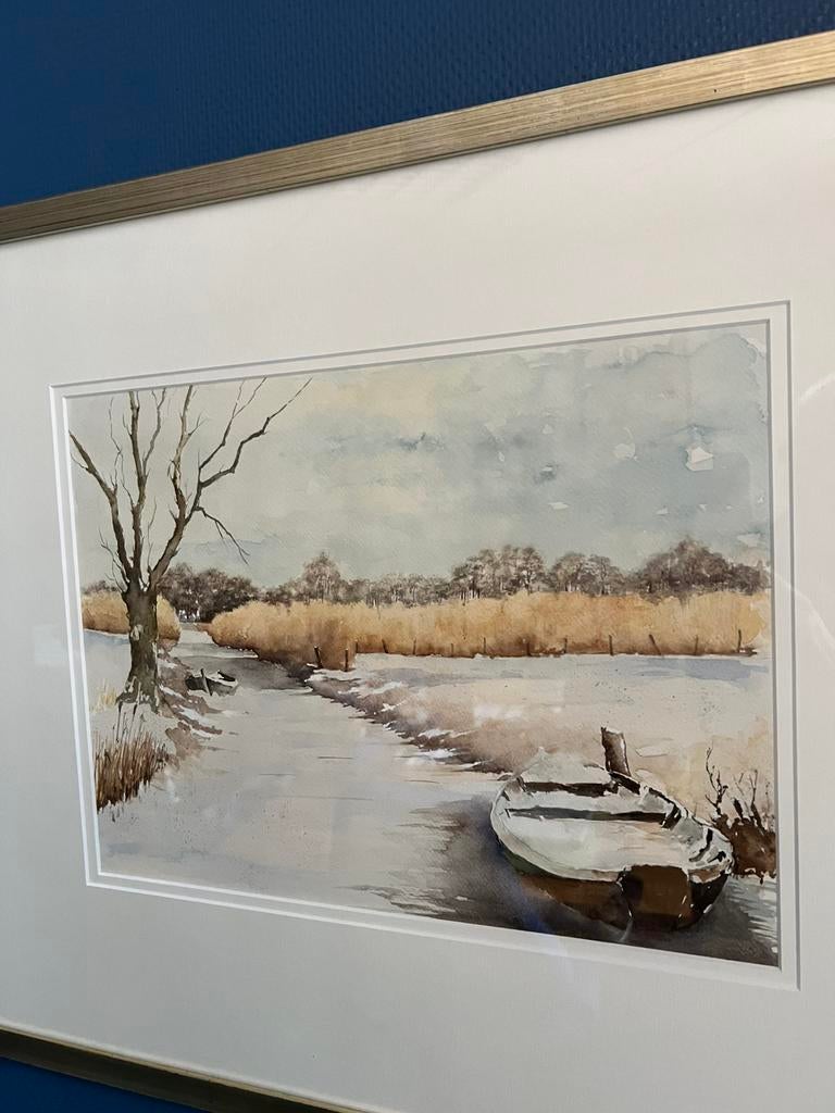 Aquarel WINTERLANDSCHAP Schilderij GIETHOORN Bootjes Riet ed, Antiek en Kunst, Ophalen