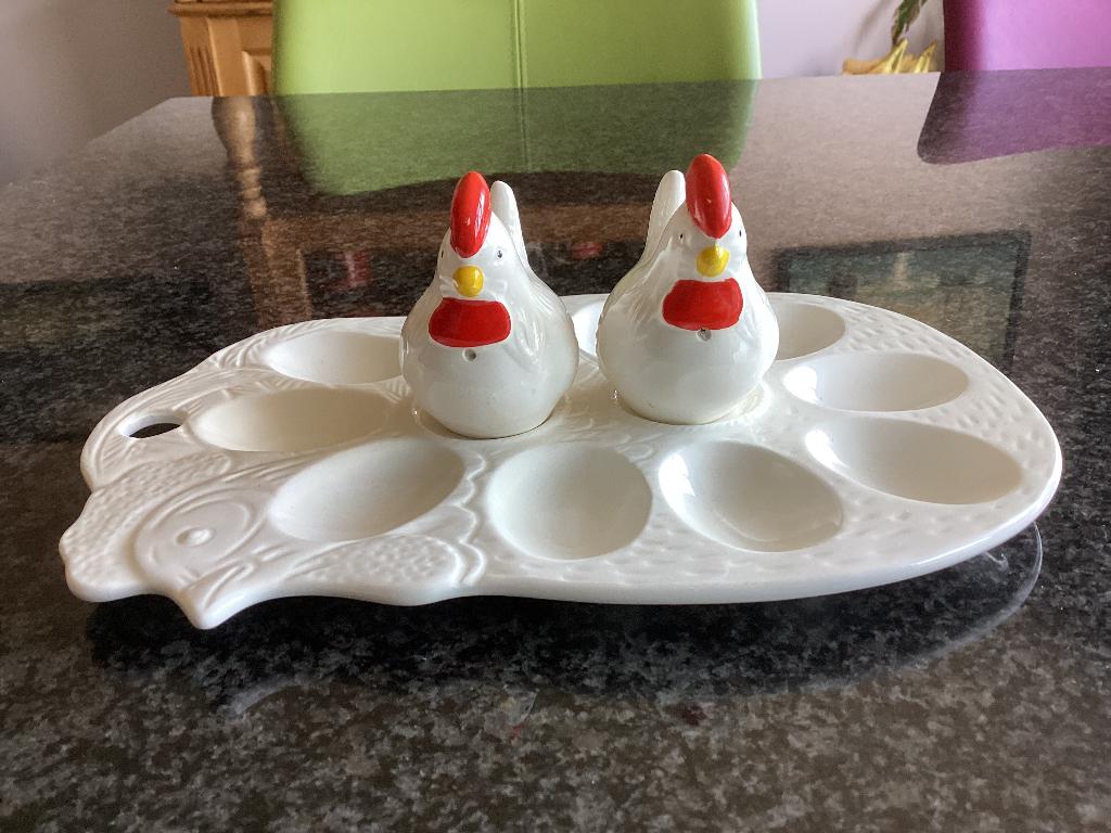 Schaal, gevuld ei, peper, zout, kip, haan, vintage, Antiek en Kunst, Ophalen