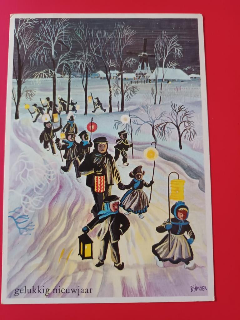 Vintage Kinderpostzegel Ansichtkaart - Gelukkig Nieuwjaar, Ophalen of Verzenden, 1940 tot 1960, Ongelopen