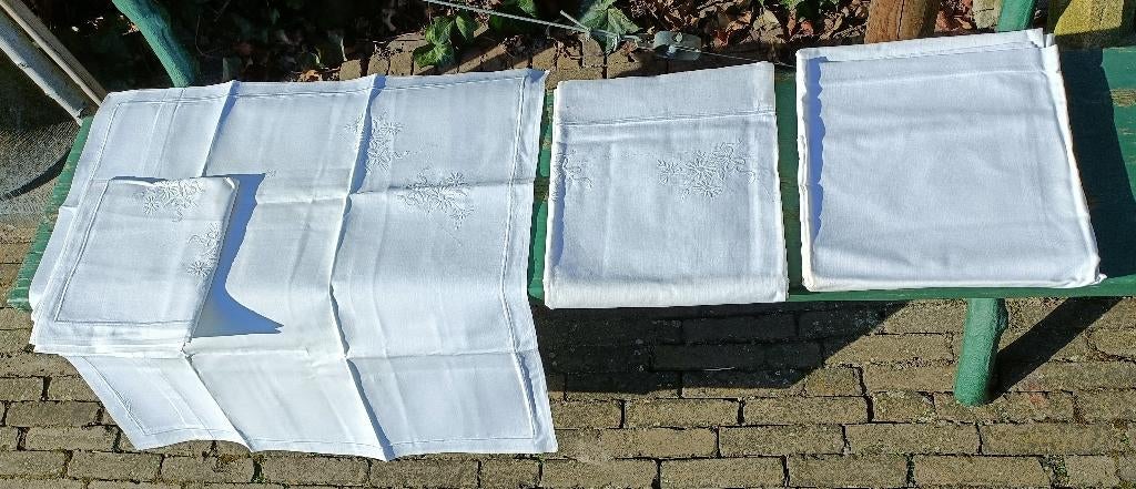 Vintage katoen beddengoed 2x laken 2x sloop borduursel (BG36, Wit, Overige typen, Tweepersoons, Ophalen of Verzenden