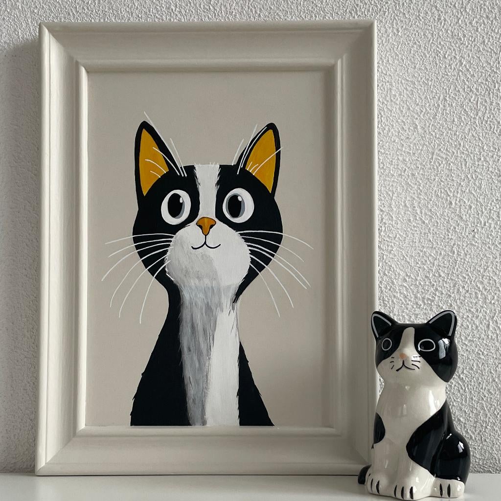 Schilderij "Vrolijke kat" handbeschilderd - maat: 36 X 27 cm, Minder dan 50 cm, Oorspronkelijke maker, Nieuw, Ophalen of Verzenden