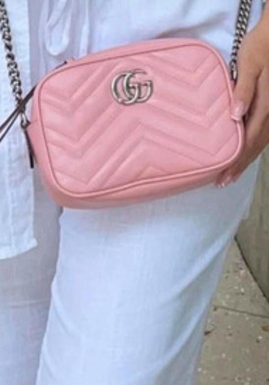 Gucci Marmont GG Matelassé Mini Crossbody Tas Roze, Ophalen of Verzenden, Zo goed als nieuw, Roze, Schoudertasje