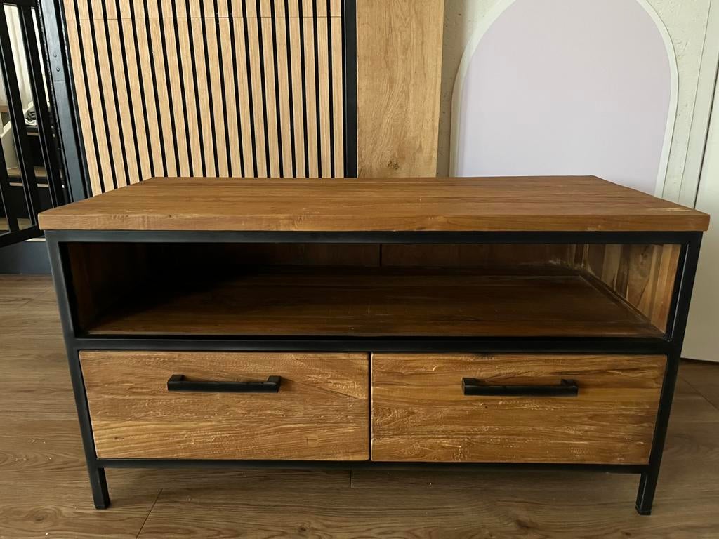 TV-Meubel Romaro teakhout, Ophalen, 100 tot 150 cm, Teakhout, Zo goed als nieuw