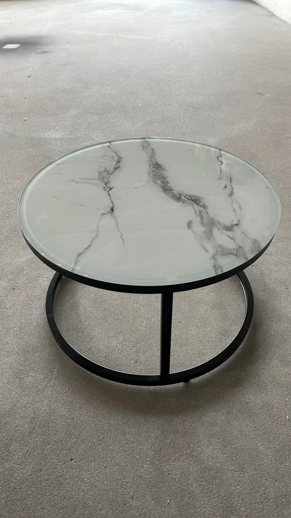 DOBLO SALONTAFEL MARBLE GREY ON BLACK 60CM GEHARDGLAS MARMER, Huis en Inrichting, Tafels | Salontafels, 50 tot 100 cm, Rond, Ophalen of Verzenden