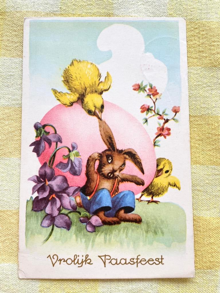 Kuiken trekt aan oor paashaas, Ophalen of Verzenden, 1940 tot 1960, Gelopen, Feest(dag)