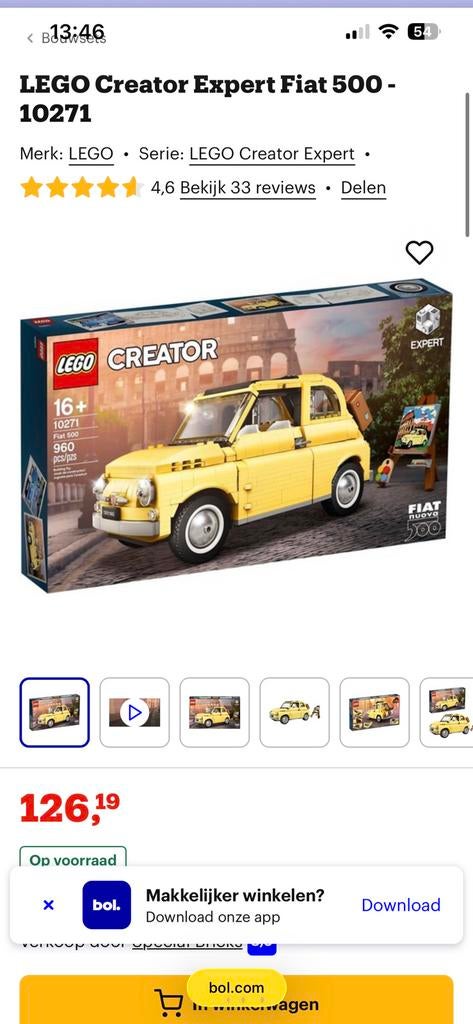 LEGO Creator Expert Fiat 500 - 10271, Ophalen of Verzenden, Zo goed als nieuw