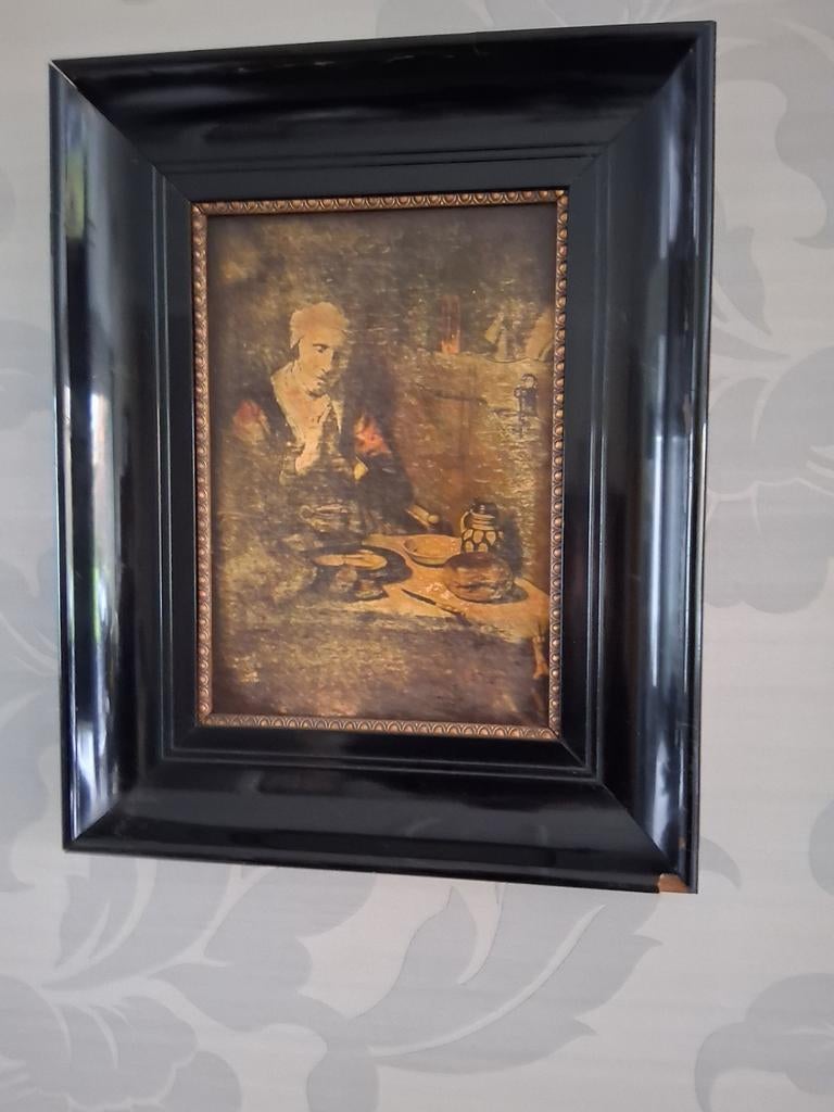 Oud brocante schilderij met zwarte lijst, Ophalen of Verzenden