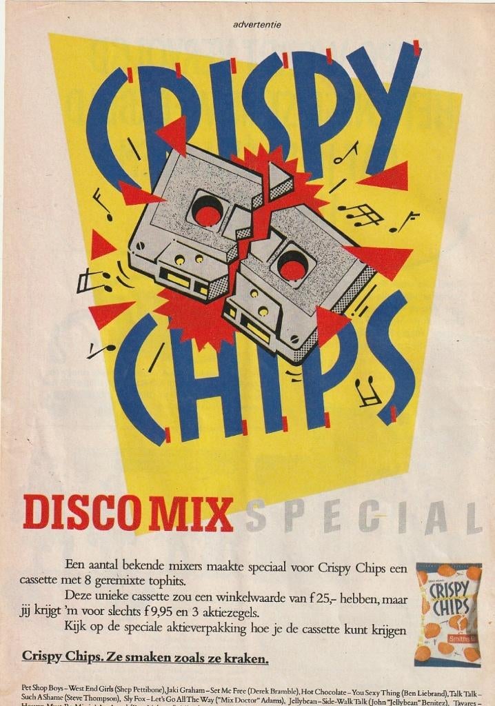 Retro reclame 1987 Crispy Chips cassettebandje met mix, Verzenden, Overige typen