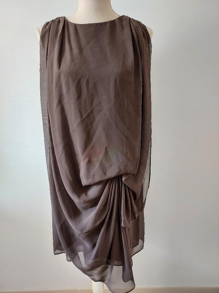 HALSTON design mini jurk zijde S (US4) kleur bruin (earth), Bruin, Verzenden, Nieuw, Maat 36 (S)