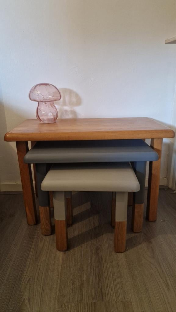 Mooie massief eiken bijzettafels, set van 3, Minder dan 55 cm, Zo goed als nieuw, Rechthoekig, Hout