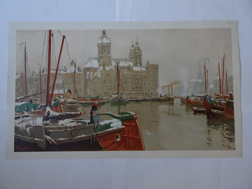 Litho zicht op Amsterdamse gracht in sneeuw H. Cassiers 1900, Antiek en Kunst, Verzenden