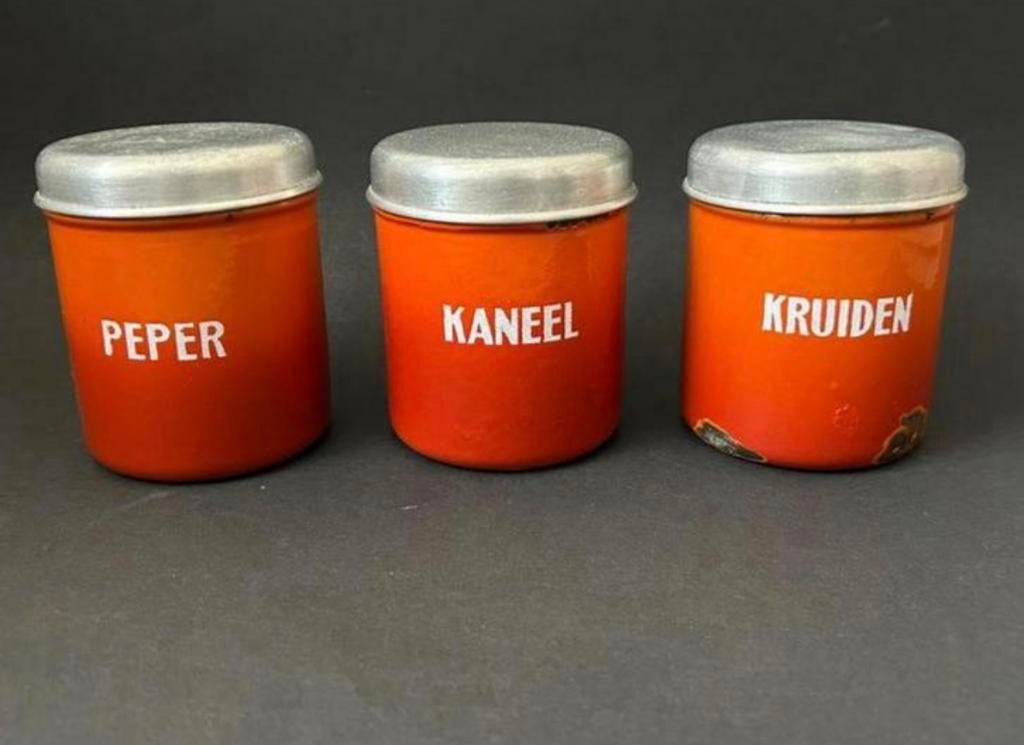 Rood Gevlamde Emaille Kruidenbusjes, Antiek en Kunst, Antiek | Emaille, Ophalen of Verzenden