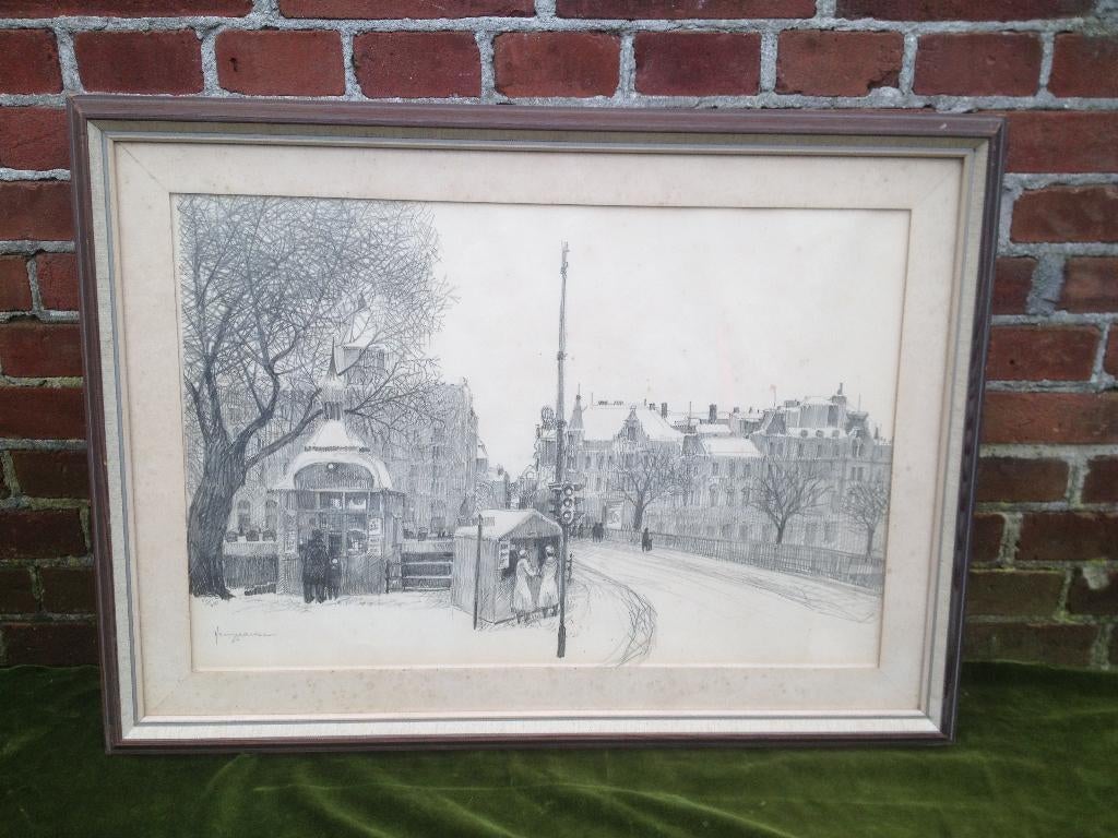 Gravure met een winters stadsgezicht., Ophalen