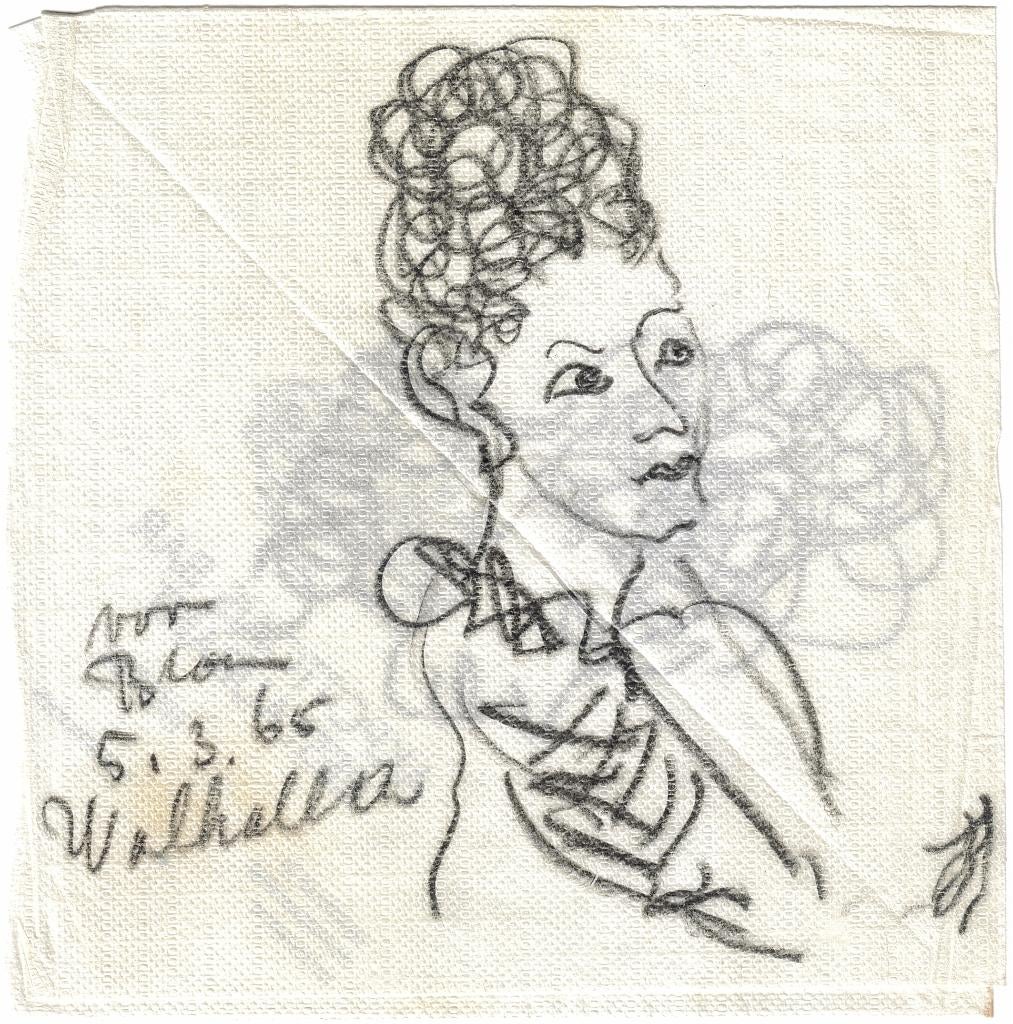 Onbek. krijttekening op servetje "Voor Blom-Valhalla", 1965, Ophalen