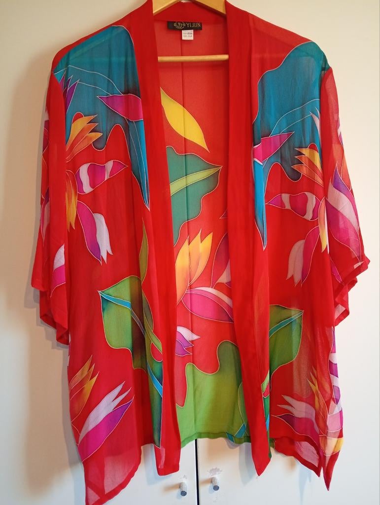 YIJUN Zijden Kimono/Vest met Tropische Print - Maat M, Maat 38/40 (M), Ophalen of Verzenden, Zo goed als nieuw, Korte mouw