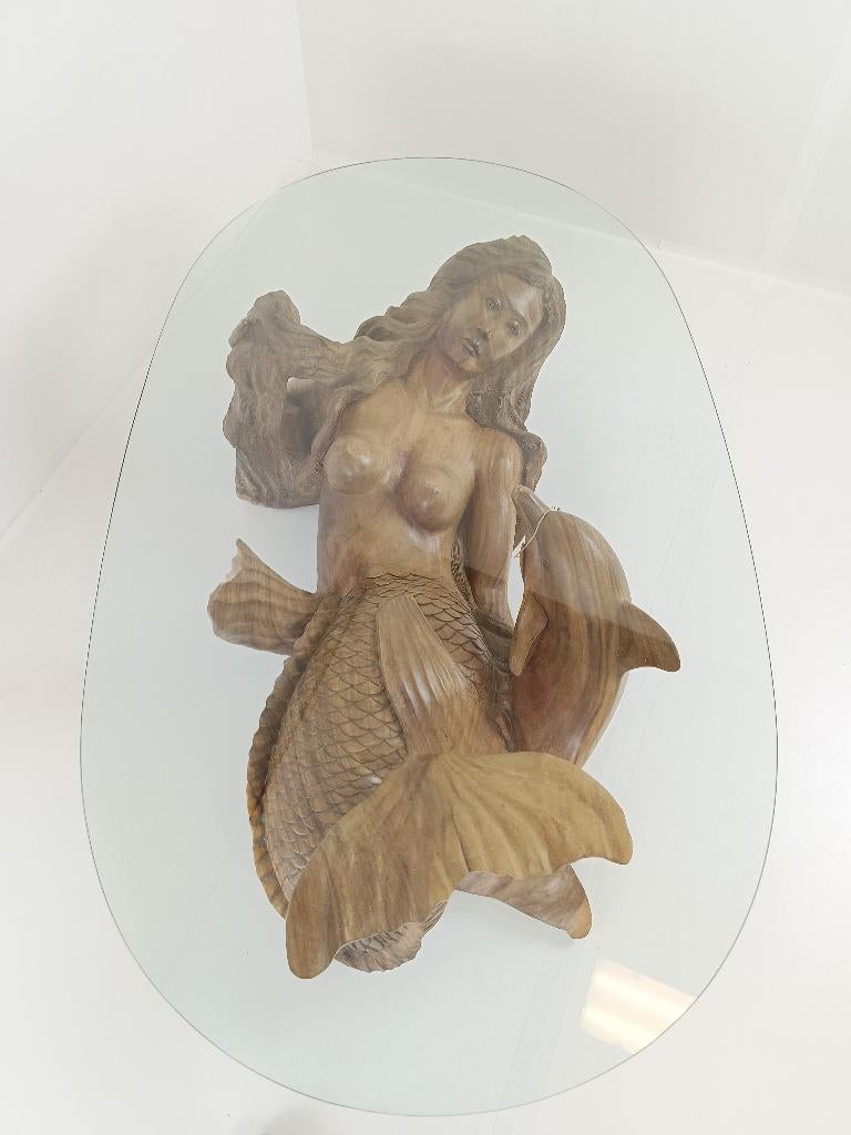vintage zeemeermin salontafel met glazen blad, Ophalen of Verzenden